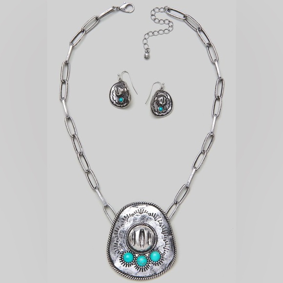 Deal of the Day-Navajo Turquoise Cowboy Hat Silver Necklace Set NWT - Picture 1 of 5